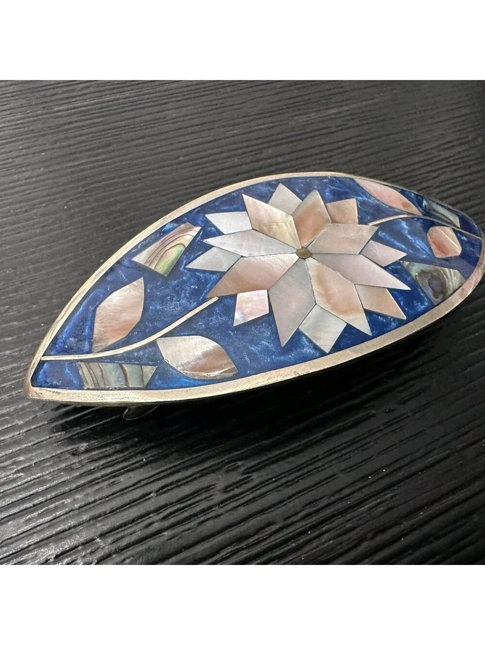 Vintage Alpaca Mexico Mother Of Pearl Abalone Inlay Floral Barrette Hair Clip